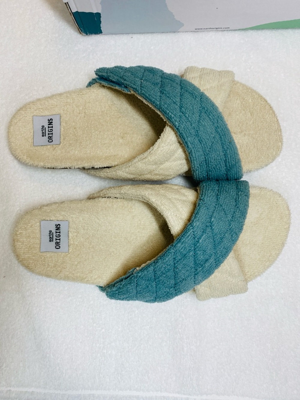 Origins Teal and Cream Terry Slide Sandals for Women Size 8 wide